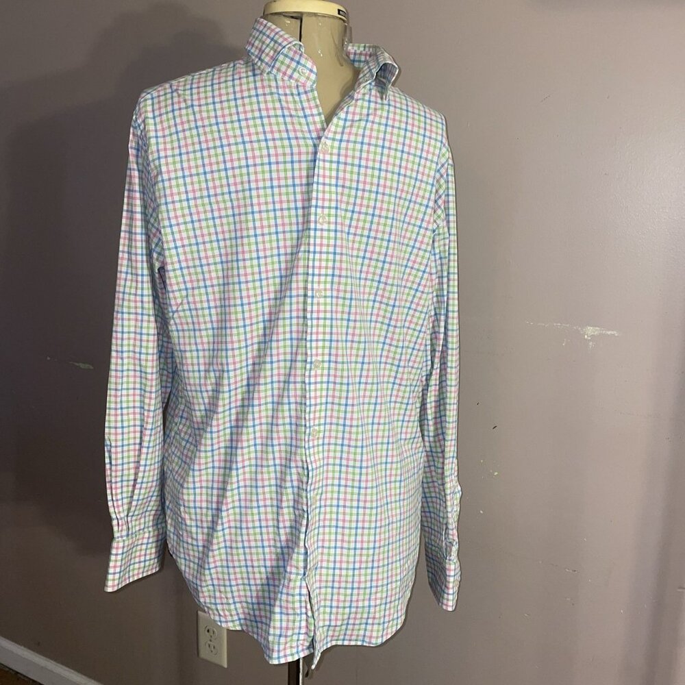 Peter Millar Nylon Wicking Long Sleeve Plaid Shirt Blue/Green/Pink Sz L